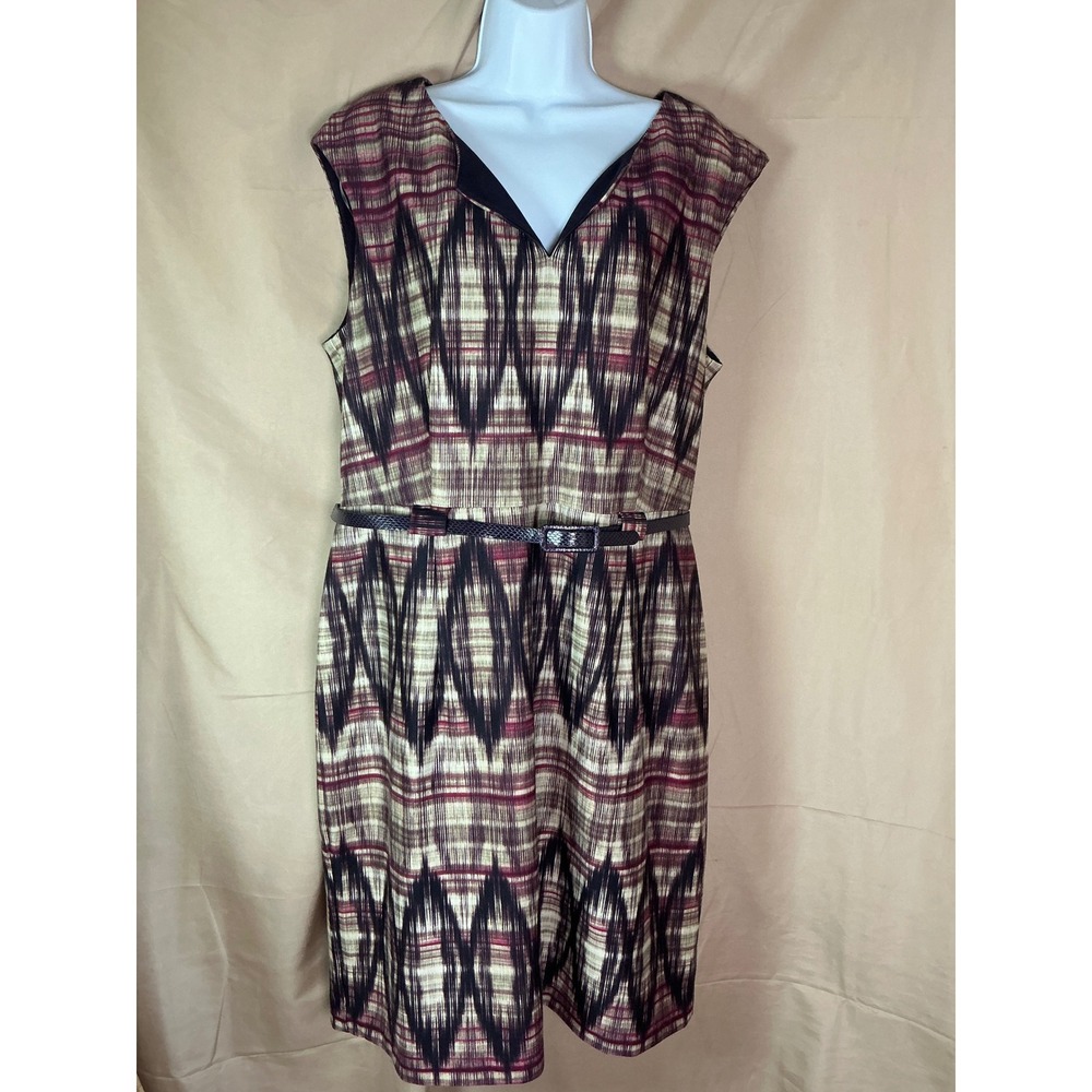 C.J. Banks Sheath Dress Women 16 Burgundy Ikat Geometric Excellent Belted V-Neck